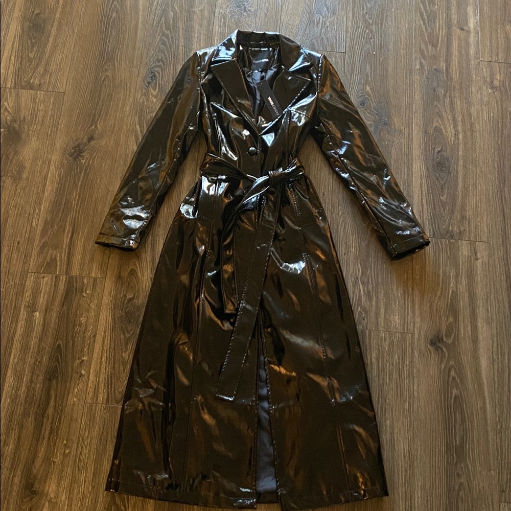 NWT Fashion Nova  Black glossy Leather Jacket maxi trench coat xs
